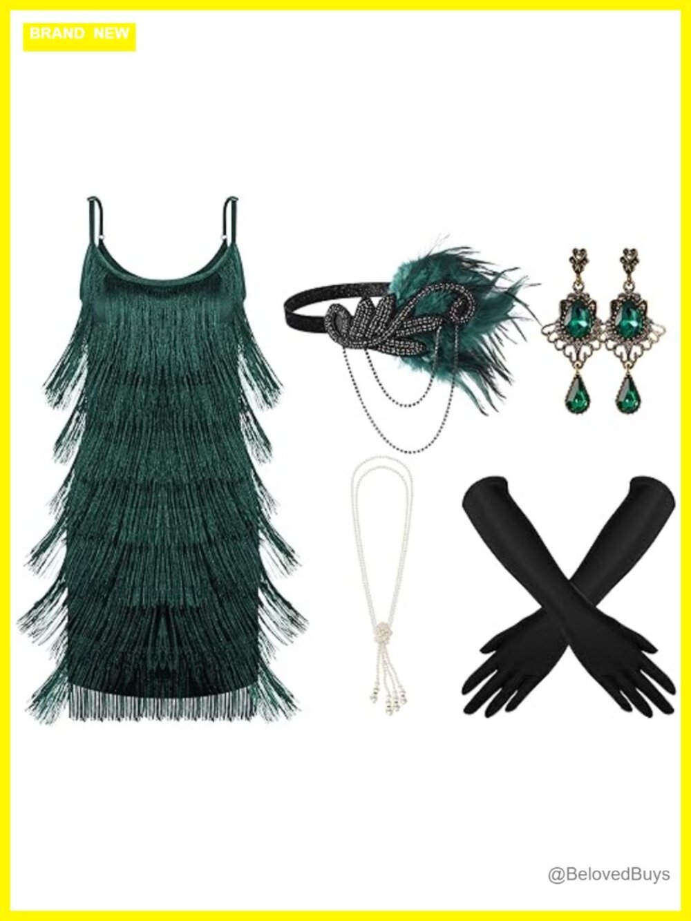 1920s Flapper Costume Set Fringed Dress Satin Gloves Pearl Necklace